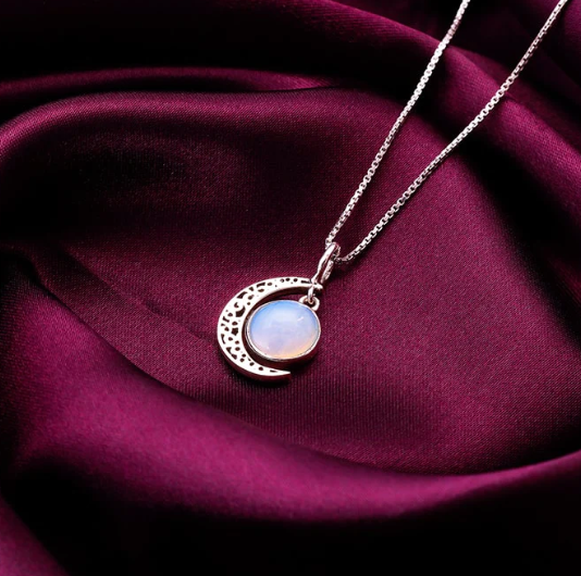 Oxidised Silver Moonstone Crescent Pendant with Box Chain