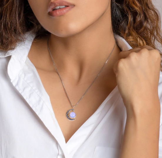 Oxidised Silver Moonstone Crescent Pendant with Box Chain