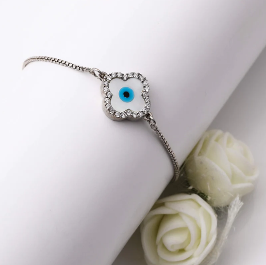 Silver Evil Eye Clover Bracelet