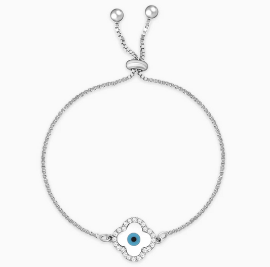 Silver Evil Eye Clover Bracelet